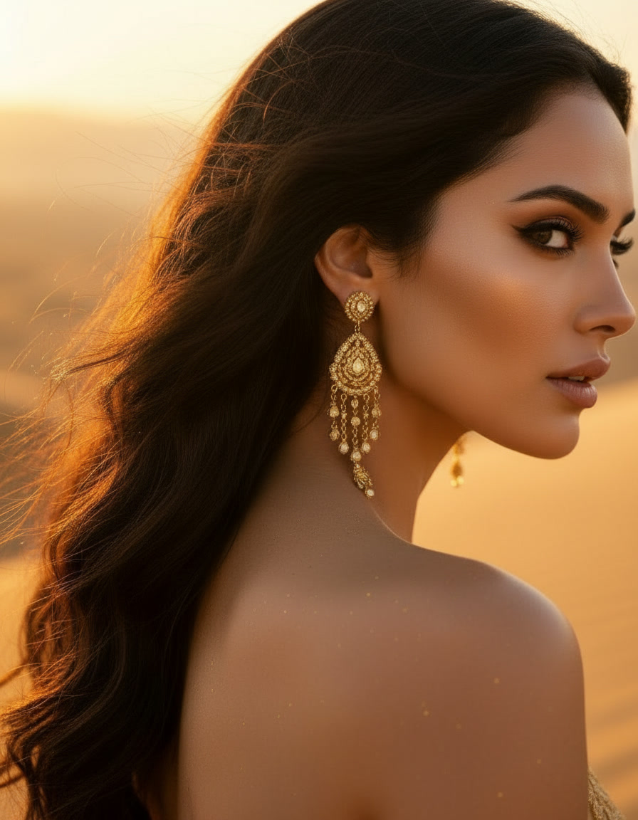 Golden-hour desert portrait of a woman in ornate gold earrings, her hair and shoulder catching warm light