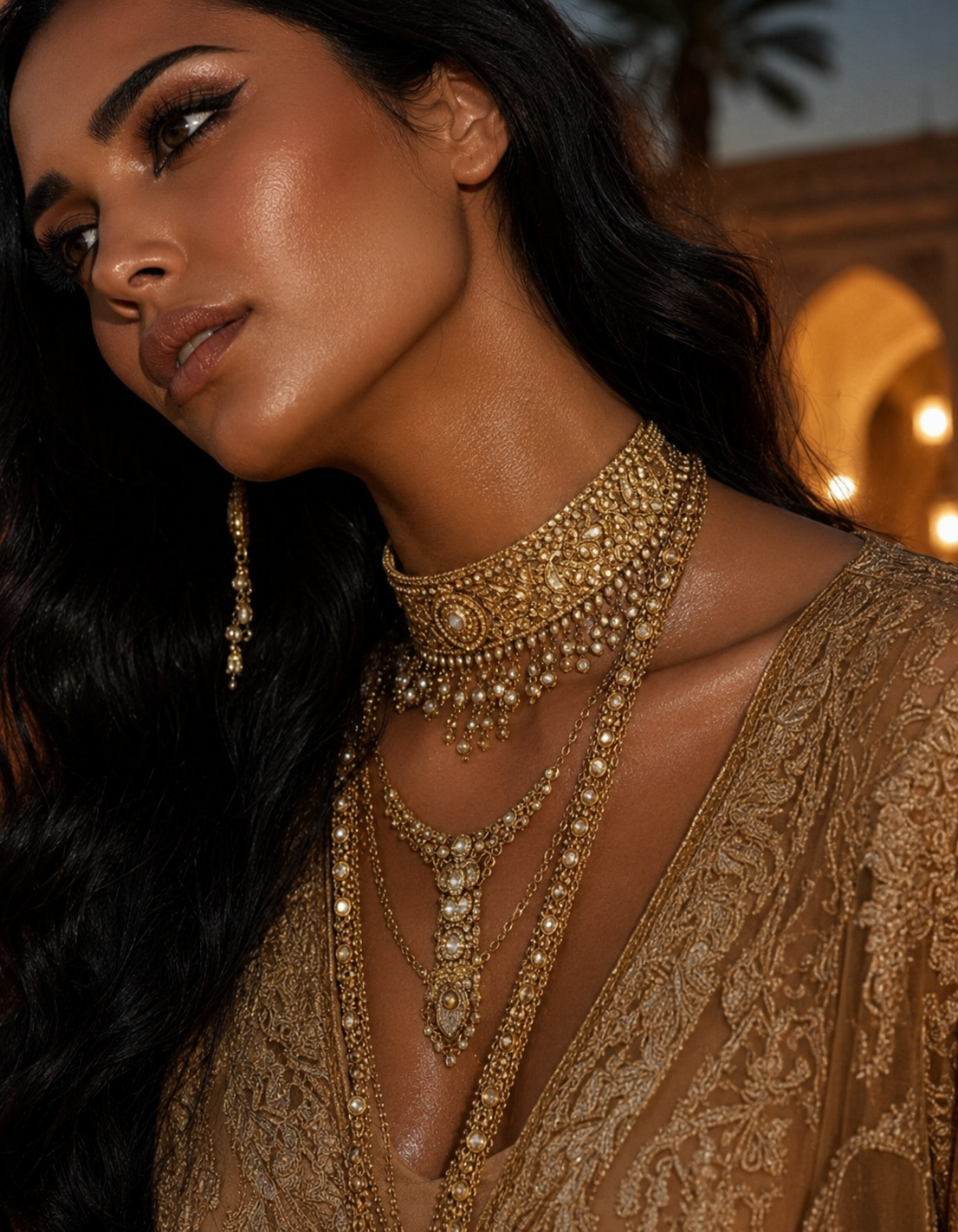 Editorial portrait of the Malikat Jamal muse in warm evening light, adorned with intricate gold jewelry